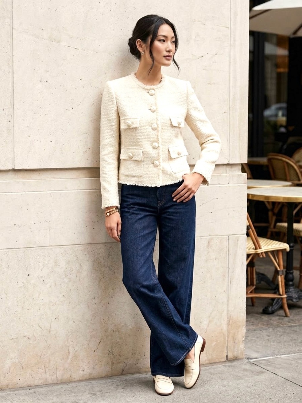 Mango Cream Bouclé Tailored Blazer Jacket - Size S